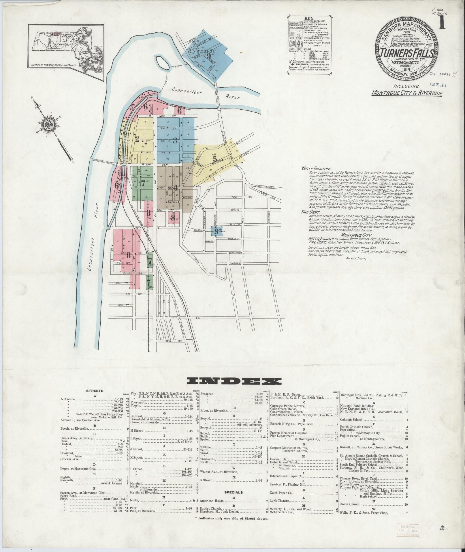 Sanborn Fire Insurance Map from Turners Falls, Franklin County, Massachusetts (1914), Sheet #0001 - Historic Sanborn Fire Insurance Map Print, vintage old map wall art, antique decor, genealogy gift, Massachusetts Massachusetts map