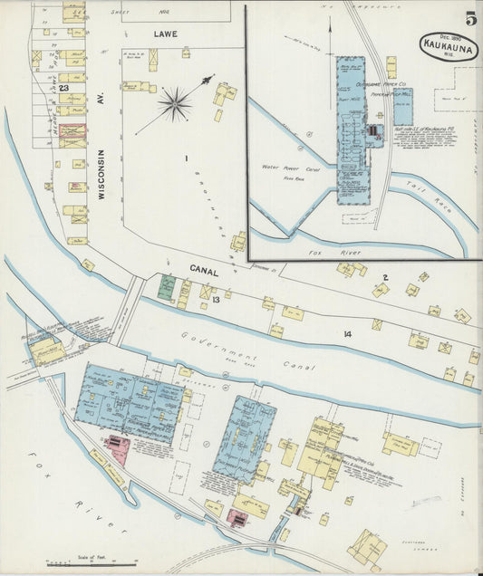 Sanborn Fire Insurance Map from Kaukauna, Outagamie County, Wisconsin (1890), Sheet #0005 - Historic Sanborn Fire Insurance Map Print, vintage old map wall art, antique decor, genealogy gift, Wisconsin Wisconsin map