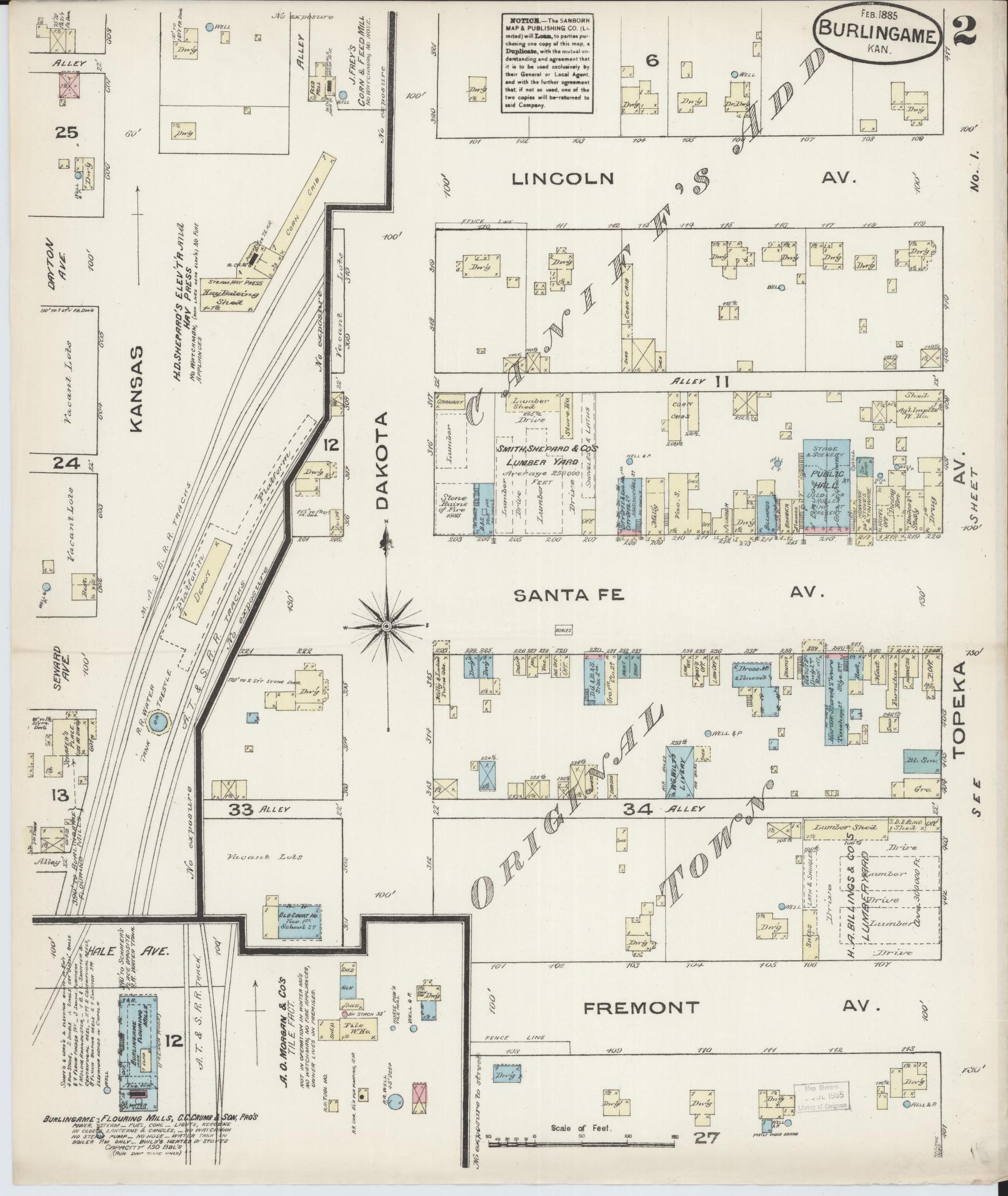 Sanborn Fire Insurance Map from Burlingame, Osage County, Kansas (1885), Sheet #0002 - Historic Sanborn Fire Insurance Map Print, vintage old map wall art, antique decor, genealogy gift, Kansas Kansas map