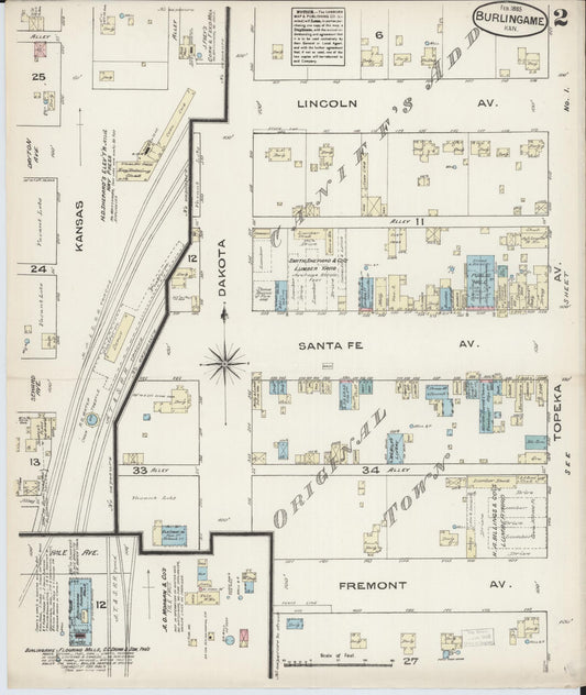 Sanborn Fire Insurance Map from Burlingame, Osage County, Kansas (1885), Sheet #0002 - Historic Sanborn Fire Insurance Map Print, vintage old map wall art, antique decor, genealogy gift, Kansas Kansas map