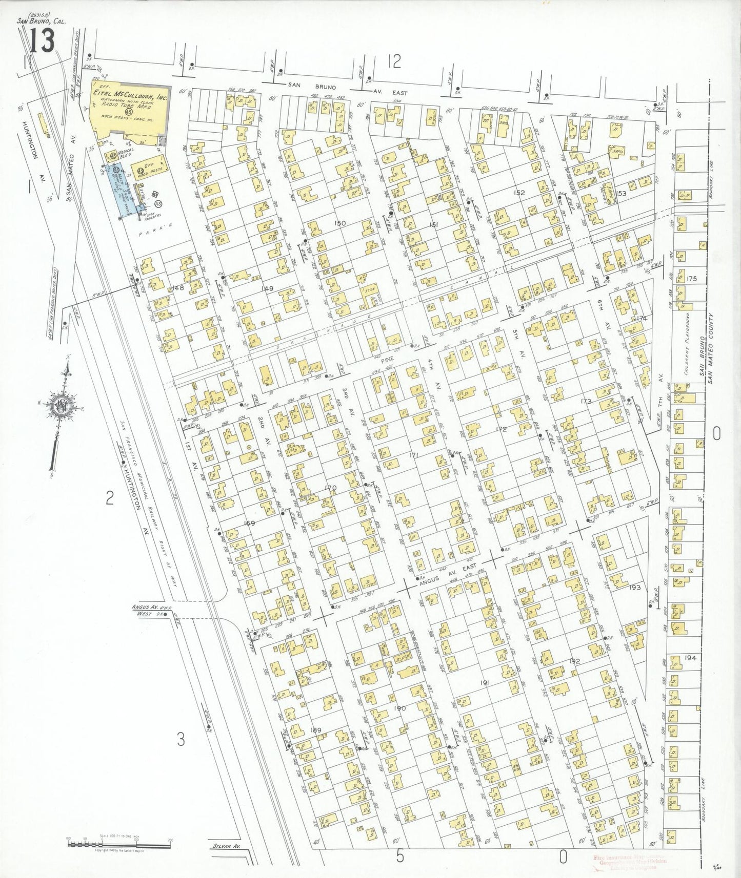 Sanborn Fire Insurance Map from San Bruno, San Mateo County, California (1949), Sheet #0013 - Complete Map Set gallery image, historic Sanborn map, vintage wall art, California California