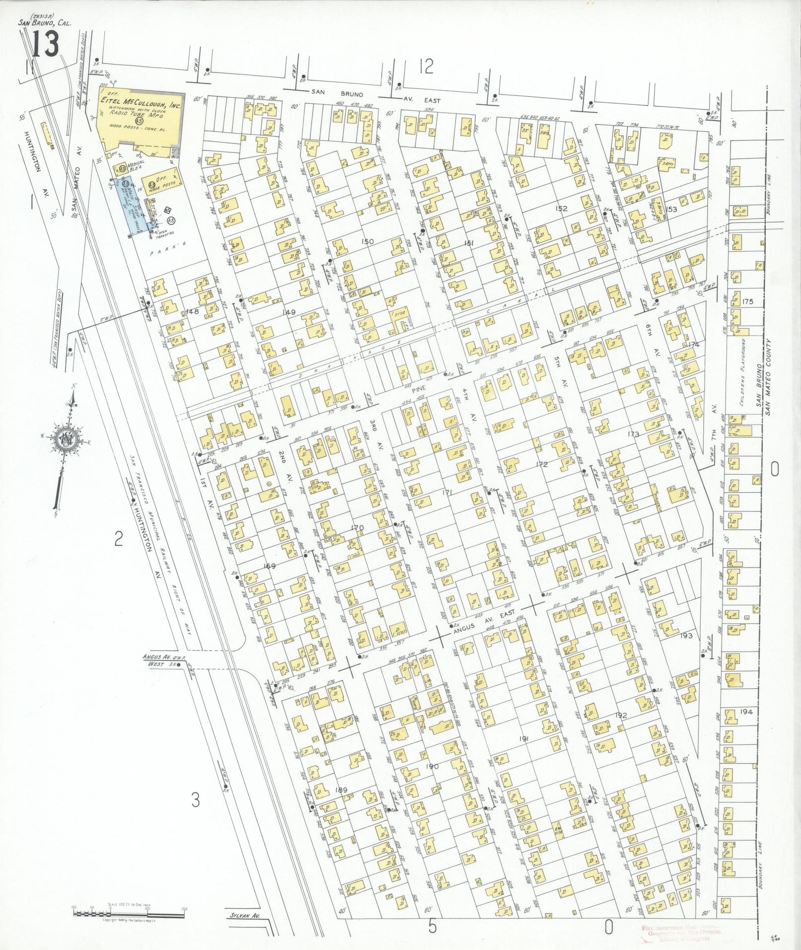 Sanborn Fire Insurance Map from San Bruno, San Mateo County, California (1949), Sheet #0013 - Complete Map Set gallery image, historic Sanborn map, vintage wall art, California California
