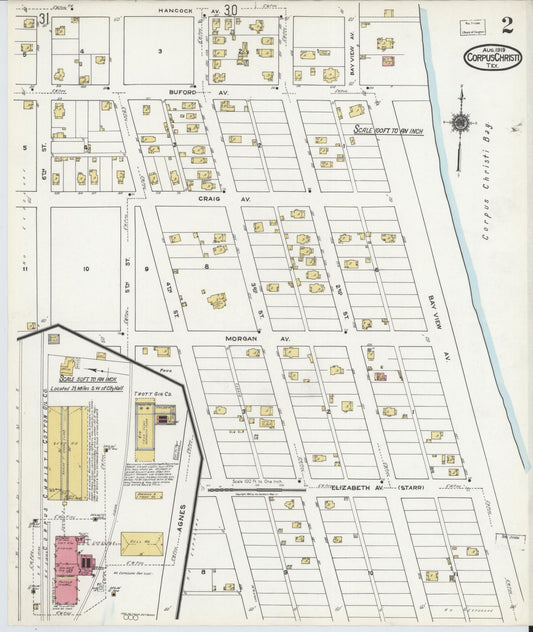 Sanborn Fire Insurance Map from Corpus Christi, Nueces County, Texas (1919), Sheet #0002 - Historic Sanborn Fire Insurance Map Print, vintage old map wall art, antique decor, genealogy gift, Texas Texas map