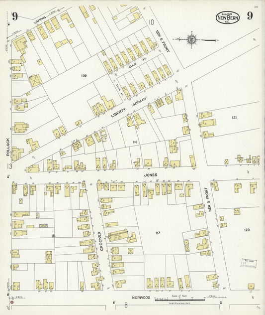 Sanborn Fire Insurance Map from New Bern, Craven County, North Carolina (1924), Sheet #0009 - Historic Sanborn Fire Insurance Map Print, vintage old map wall art, antique decor, genealogy gift, North Carolina North Carolina map