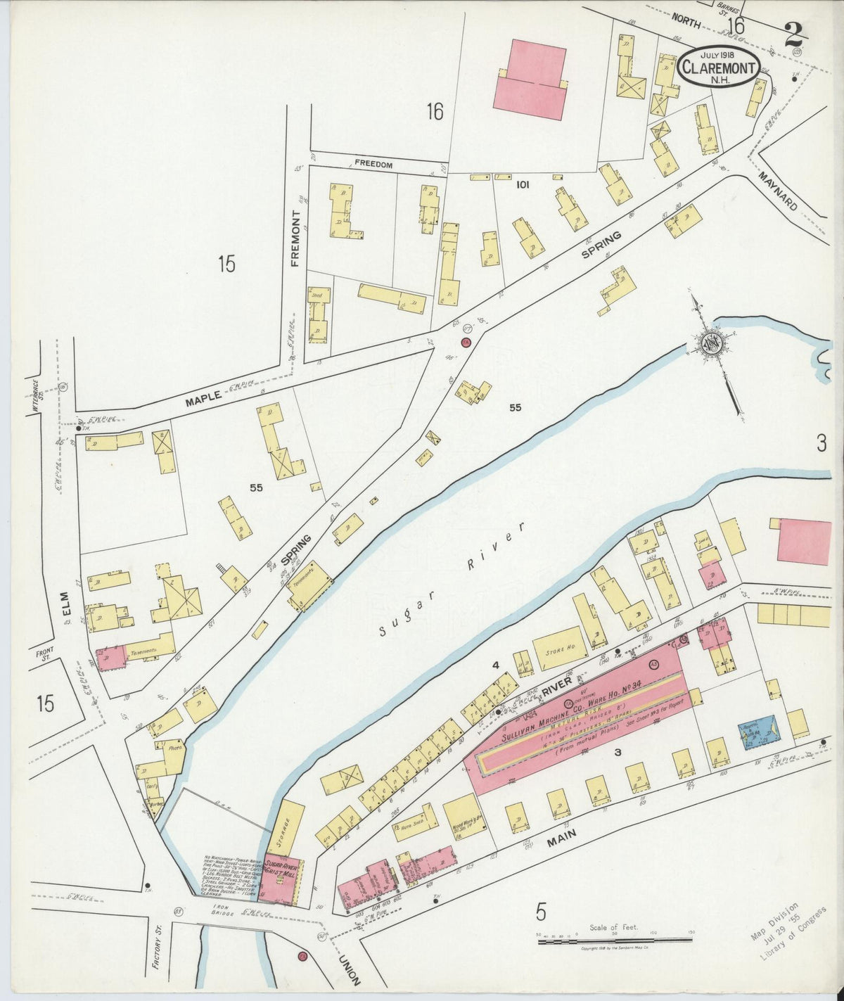 Sanborn Fire Insurance Map from Claremont, Sullivan County, New Hampshire (1918), Sheet #0002 - Historic Sanborn Fire Insurance Map Print, vintage old map wall art, antique decor, genealogy gift, New Hampshire New Hampshire map