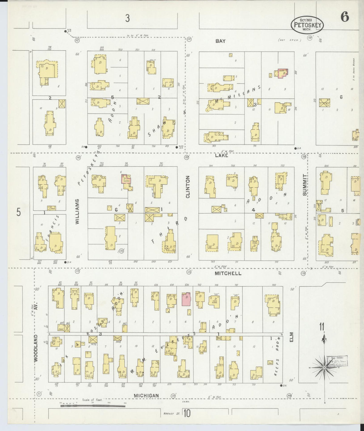 Sanborn Fire Insurance Map from Petoskey, Emmet County, Michigan (1901), Sheet #0006 - Historic Sanborn Fire Insurance Map Print, vintage old map wall art, antique decor, genealogy gift, Michigan Michigan map