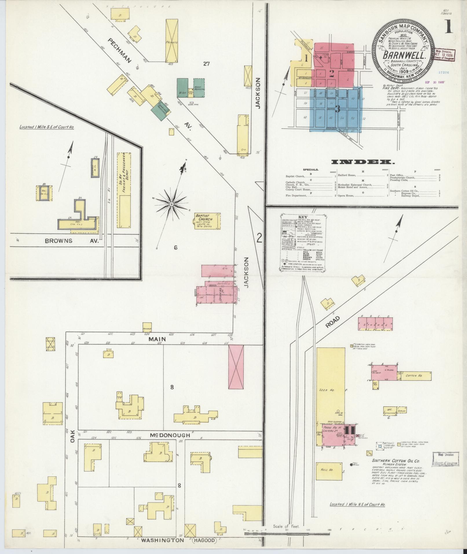 Sanborn Fire Insurance Map from Barnwell, Barnwell County, South Carolina (1909), Sheet #0001 - Historic Sanborn Fire Insurance Map Print, vintage old map wall art, antique decor, genealogy gift, South Carolina South Carolina map