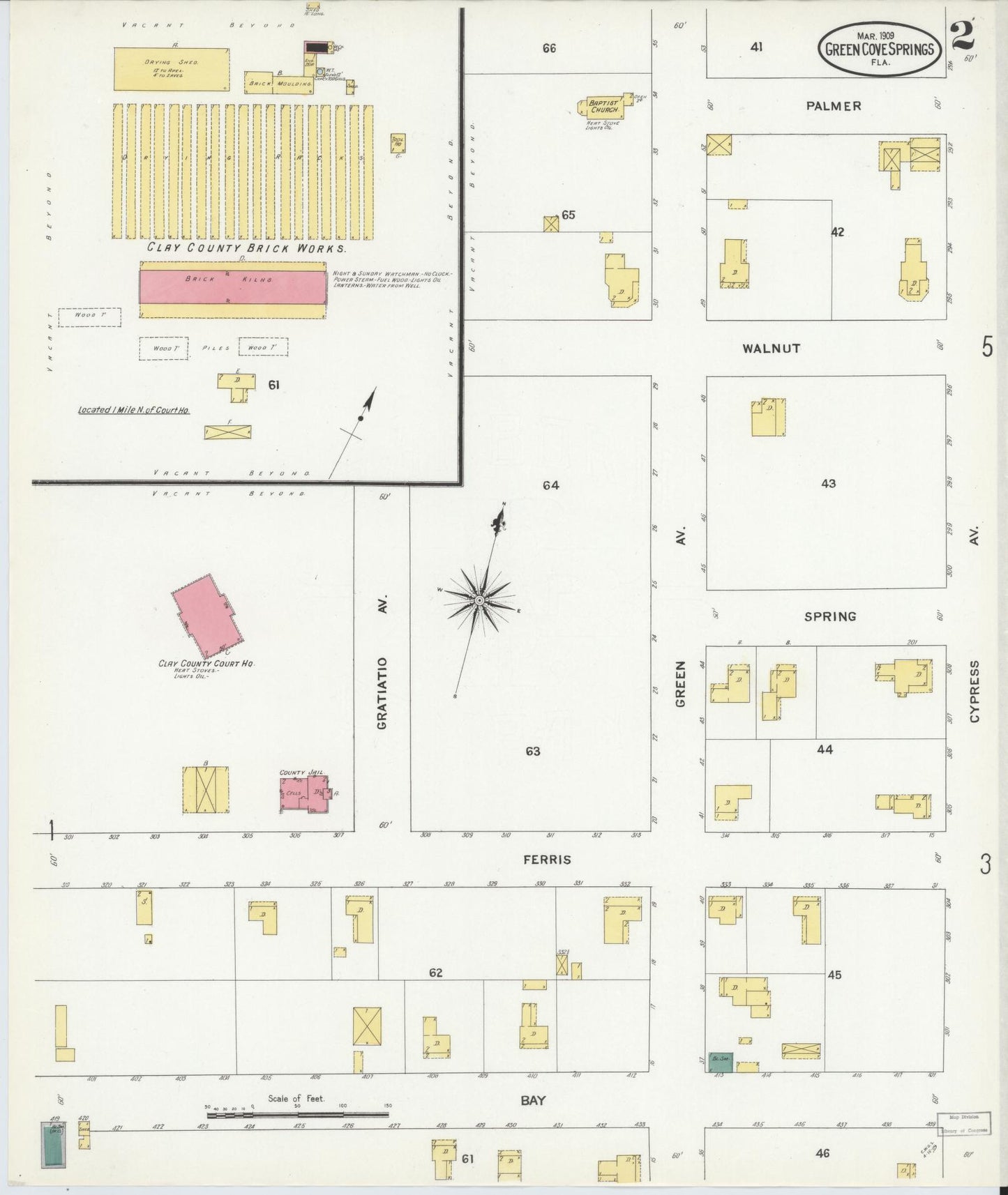 Sanborn Fire Insurance Map from Green Cove Springs, Clay County, Florida (1909), Sheet #0002 - Complete Map Set gallery image, historic Sanborn map, vintage wall art, Florida Florida