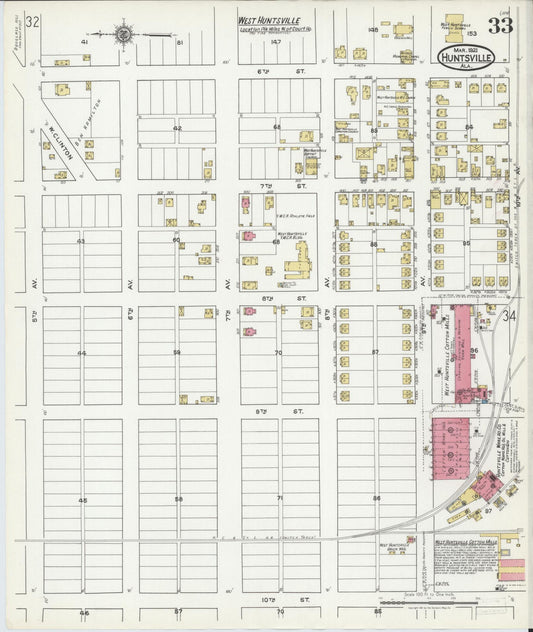 Sanborn Fire Insurance Map from Huntsville, Madison County, Alabama (1921), Sheet #0033 - Historic Sanborn Fire Insurance Map Print, vintage old map wall art, antique decor, genealogy gift, Alabama Alabama map