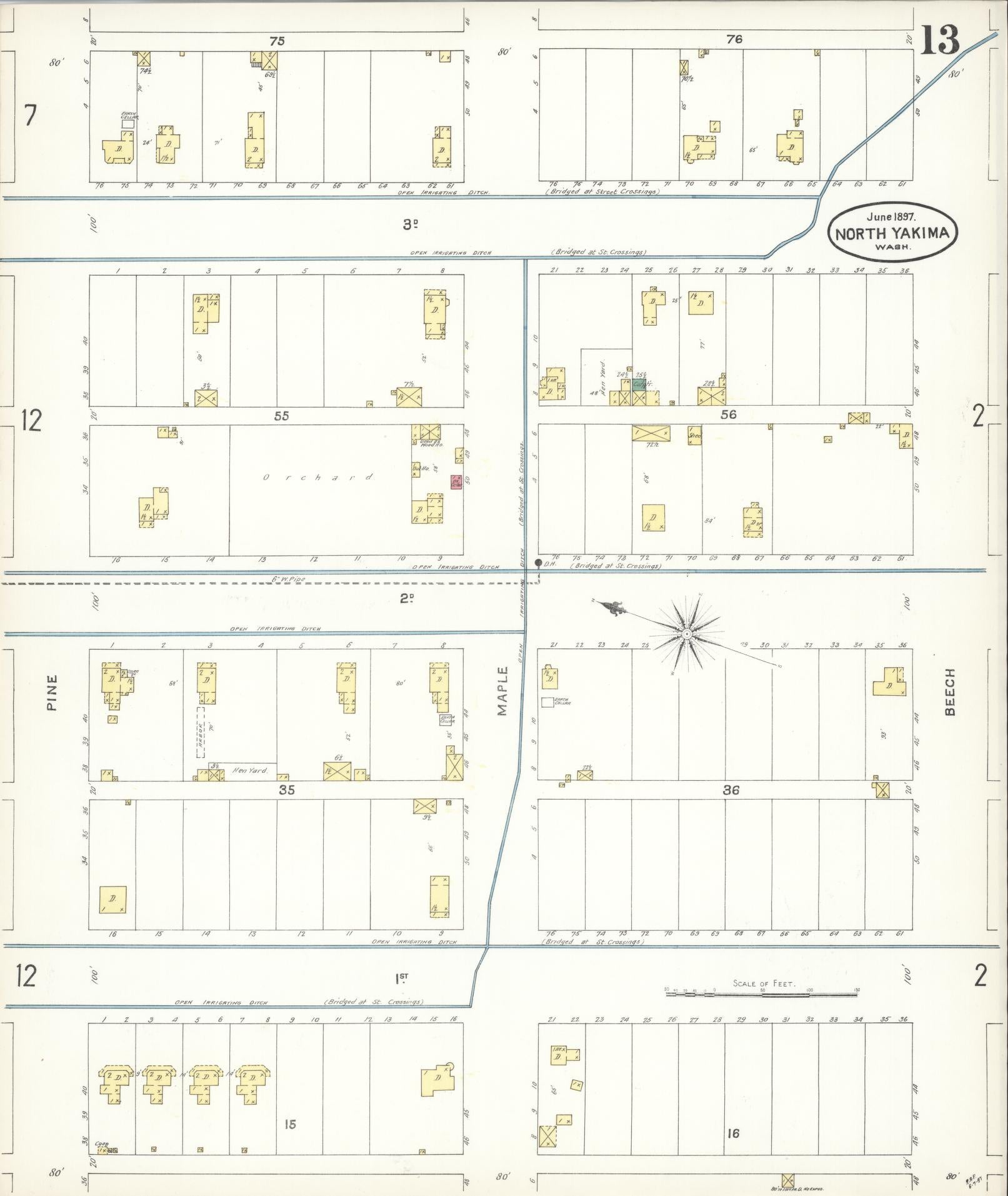 Sanborn Fire Insurance Map from North Yakima, Yakima County, Washington (1897), Sheet #0013 - Historic Sanborn Fire Insurance Map Print, vintage old map wall art, antique decor, genealogy gift, Washington Washington map