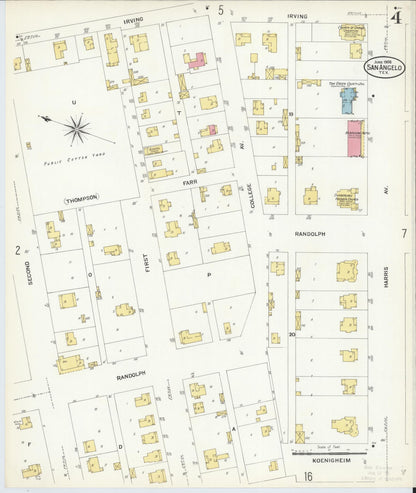 Sanborn Fire Insurance Map from San Angelo, Tom Green County, Texas (1908), Sheet #0004 - Historic Sanborn Fire Insurance Map Print, vintage old map wall art, antique decor, genealogy gift, Texas Texas map