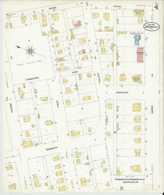 Sanborn Fire Insurance Map from San Angelo, Tom Green County, Texas (1908), Sheet #0004 - Historic Sanborn Fire Insurance Map Print, vintage old map wall art, antique decor, genealogy gift, Texas Texas map