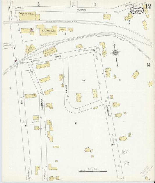 Sanborn Fire Insurance Map from Milford, Hillsborough County, New Hampshire (1912), Sheet #0012 - Historic Sanborn Fire Insurance Map Print, vintage old map wall art, antique decor, genealogy gift, New Hampshire New Hampshire map