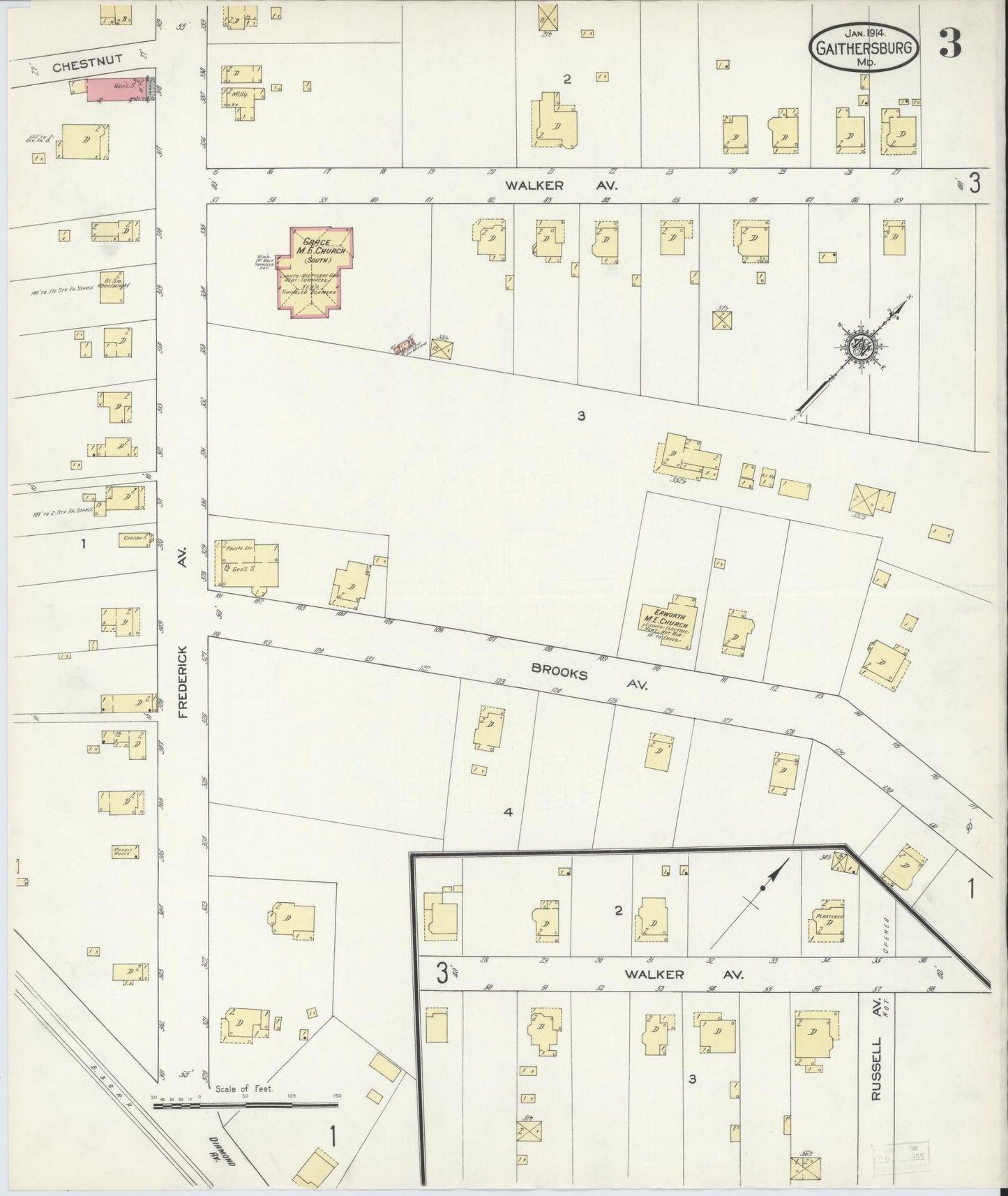 Sanborn Fire Insurance Map from Gaithersburg, Montgomery County, Maryland (1914), Sheet #0003 - Historic Sanborn Fire Insurance Map Print, vintage old map wall art