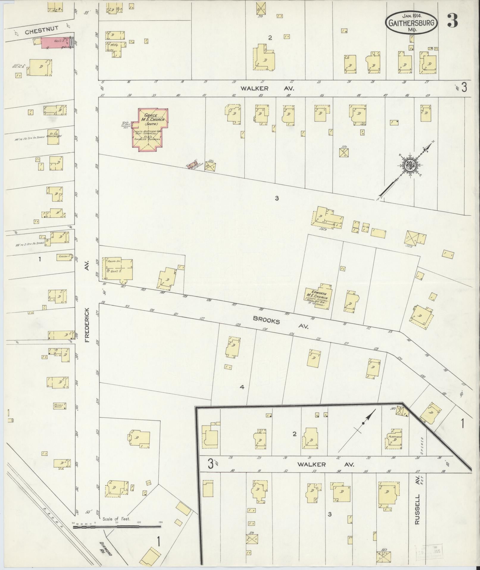 Sanborn Fire Insurance Map from Gaithersburg, Montgomery County, Maryland (1914), Sheet #0003 - Historic Sanborn Fire Insurance Map Print, vintage old map wall art