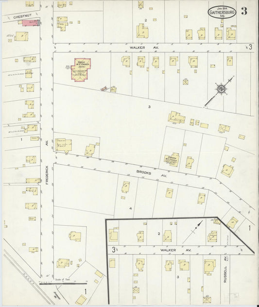 Sanborn Fire Insurance Map from Gaithersburg, Montgomery County, Maryland (1914), Sheet #0003 - Historic Sanborn Fire Insurance Map Print, vintage old map wall art
