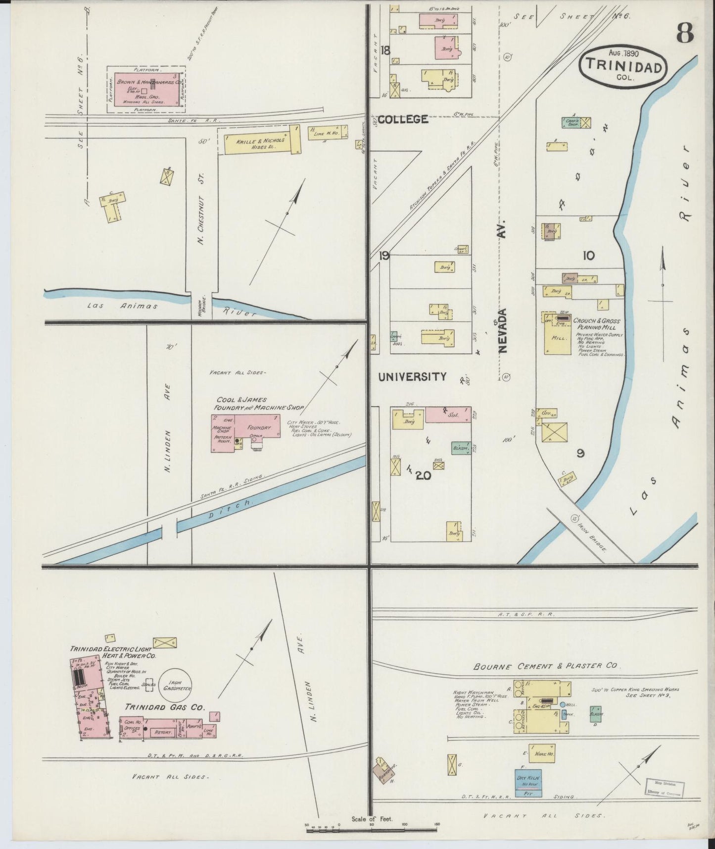 Sanborn Fire Insurance Map from Trinidad, Las Animas County, Colorado (1890), Sheet #0008 - Complete Map Set gallery image, historic Sanborn map, vintage wall art, Colorado Colorado
