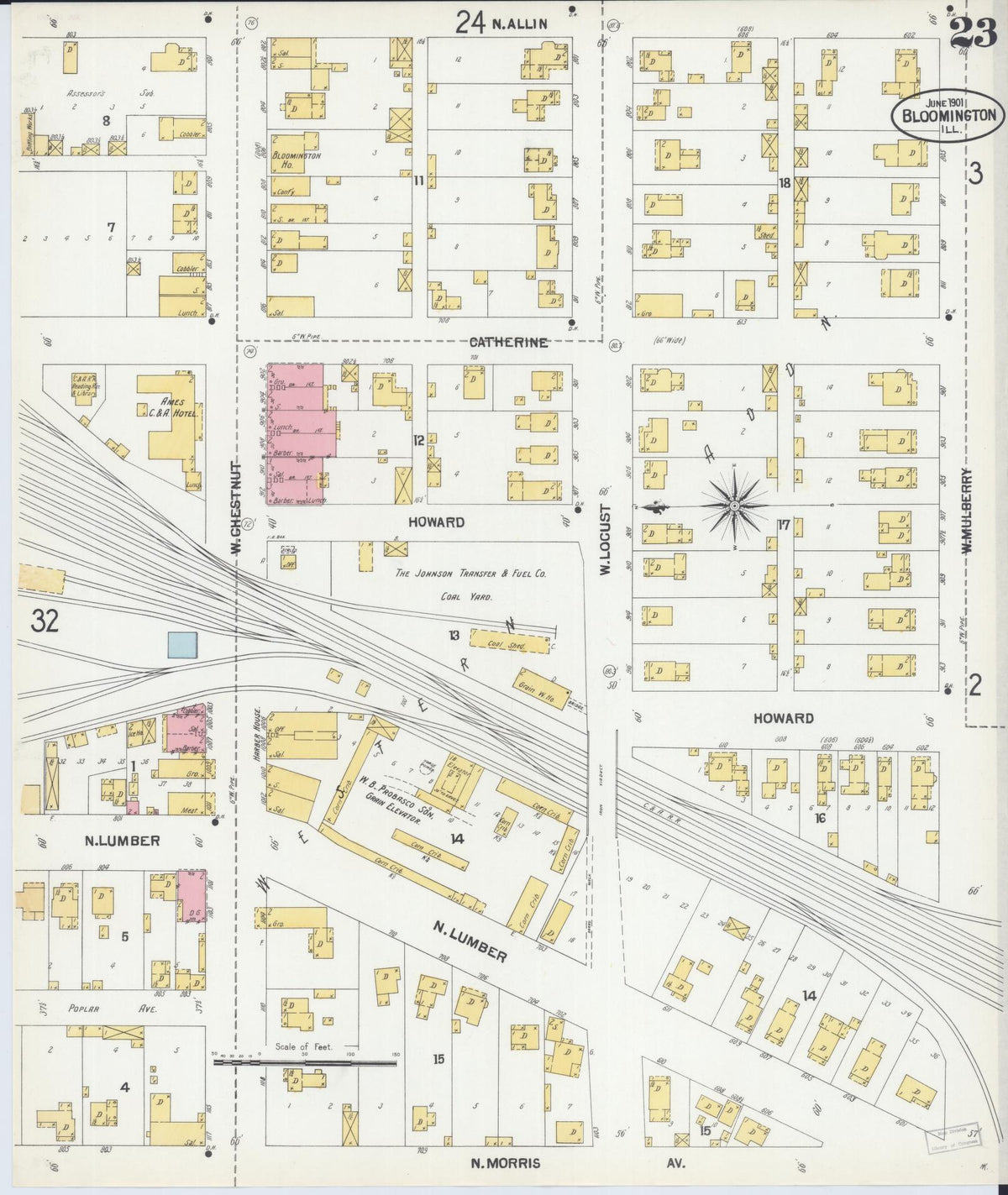 Sanborn Fire Insurance Map from Bloomington, McLean County, Illinois (1901), Sheet #0023 - Historic Sanborn Fire Insurance Map Print, vintage old map wall art, antique decor, genealogy gift, Illinois Illinois map