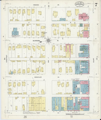 Sanborn Fire Insurance Map from Kankakee, Kankakee County, Illinois (1907), Sheet #0007 - Historic Sanborn Fire Insurance Map Print, vintage old map wall art, antique decor, genealogy gift, Illinois Illinois map