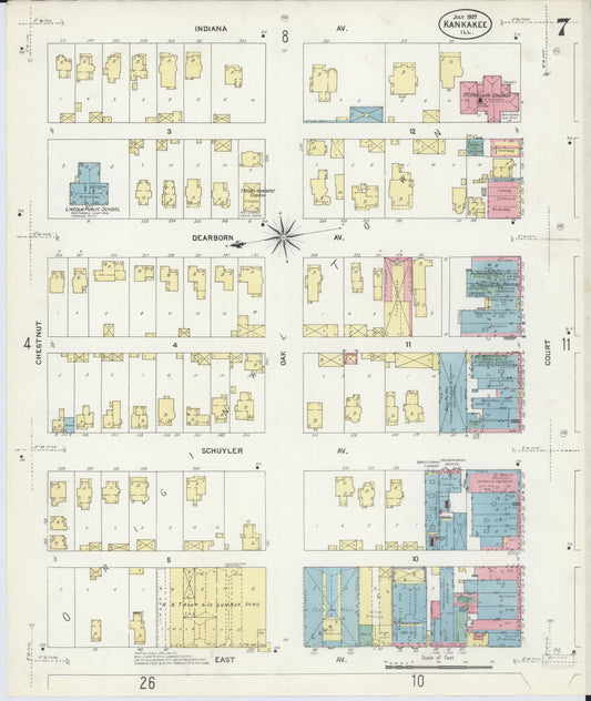 Sanborn Fire Insurance Map from Kankakee, Kankakee County, Illinois (1907), Sheet #0007 - Historic Sanborn Fire Insurance Map Print, vintage old map wall art, antique decor, genealogy gift, Illinois Illinois map