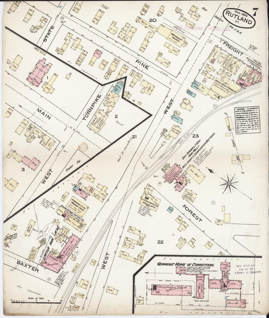 Sanborn Fire Insurance Map from Rutland, Rutland County, Vermont (1885), Sheet #0007 - Historic Sanborn Fire Insurance Map Print, vintage old map wall art, antique decor, genealogy gift, Vermont Vermont map
