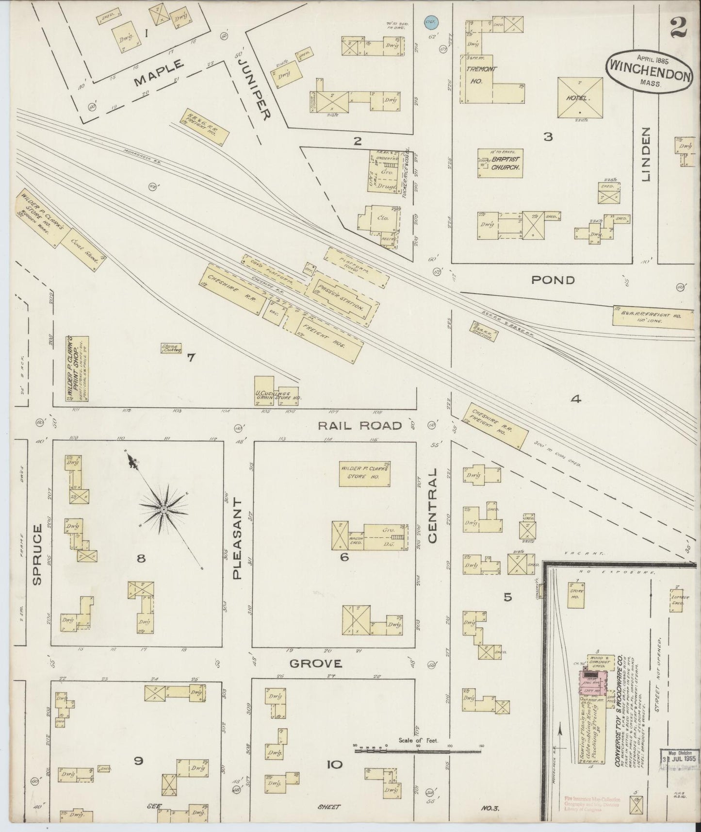 Sanborn Fire Insurance Map from Winchendon, Worcester County, Massachusetts (1885), Sheet #0002 - Historic Sanborn Fire Insurance Map Print, vintage old map wall art, antique decor, genealogy gift, Massachusetts Massachusetts map