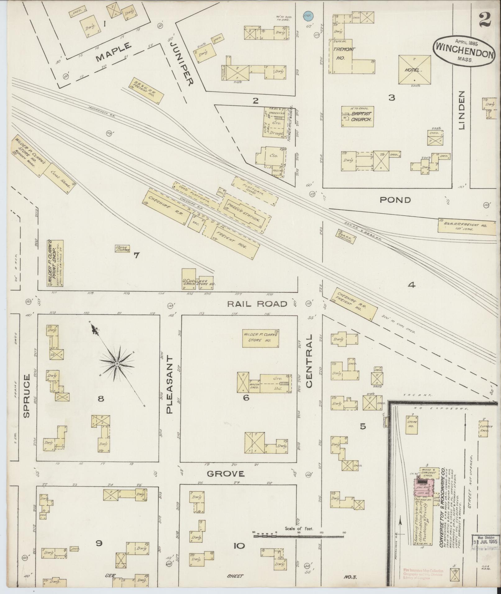 Sanborn Fire Insurance Map from Winchendon, Worcester County, Massachusetts (1885), Sheet #0002 - Historic Sanborn Fire Insurance Map Print, vintage old map wall art, antique decor, genealogy gift, Massachusetts Massachusetts map