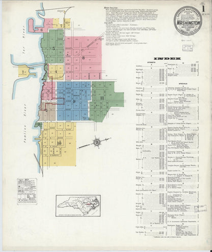 Sanborn Fire Insurance Map from Washington, Beaufort County, North Carolina (1916), Sheet #0001 - Complete Map Set gallery image, historic Sanborn map, vintage wall art, North Carolina North Carolina