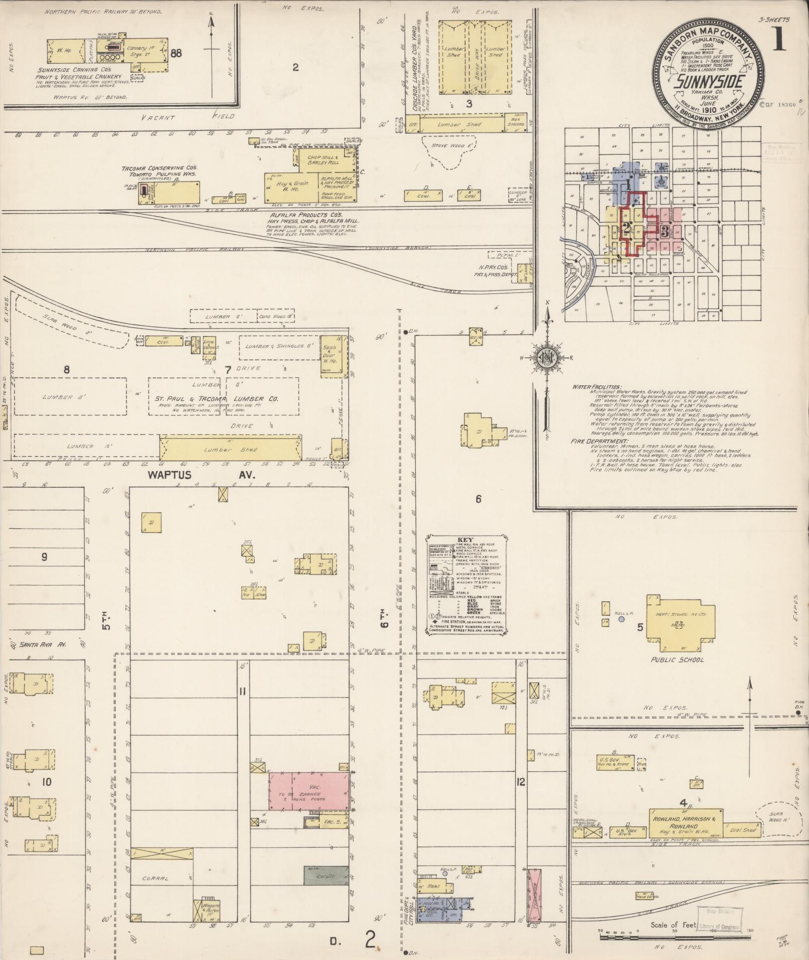 Sanborn Fire Insurance Map from Sunnyside, Yakima County, Washington (1910), Sheet #0001 - Historic Sanborn Fire Insurance Map Print, vintage old map wall art, antique decor, genealogy gift, Washington Washington map
