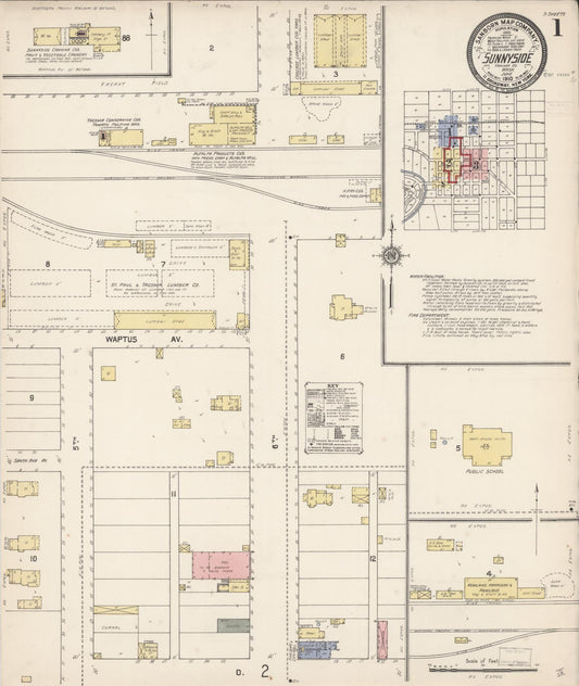 Sanborn Fire Insurance Map from Sunnyside, Yakima County, Washington (1910), Sheet #0001 - Historic Sanborn Fire Insurance Map Print, vintage old map wall art, antique decor, genealogy gift, Washington Washington map
