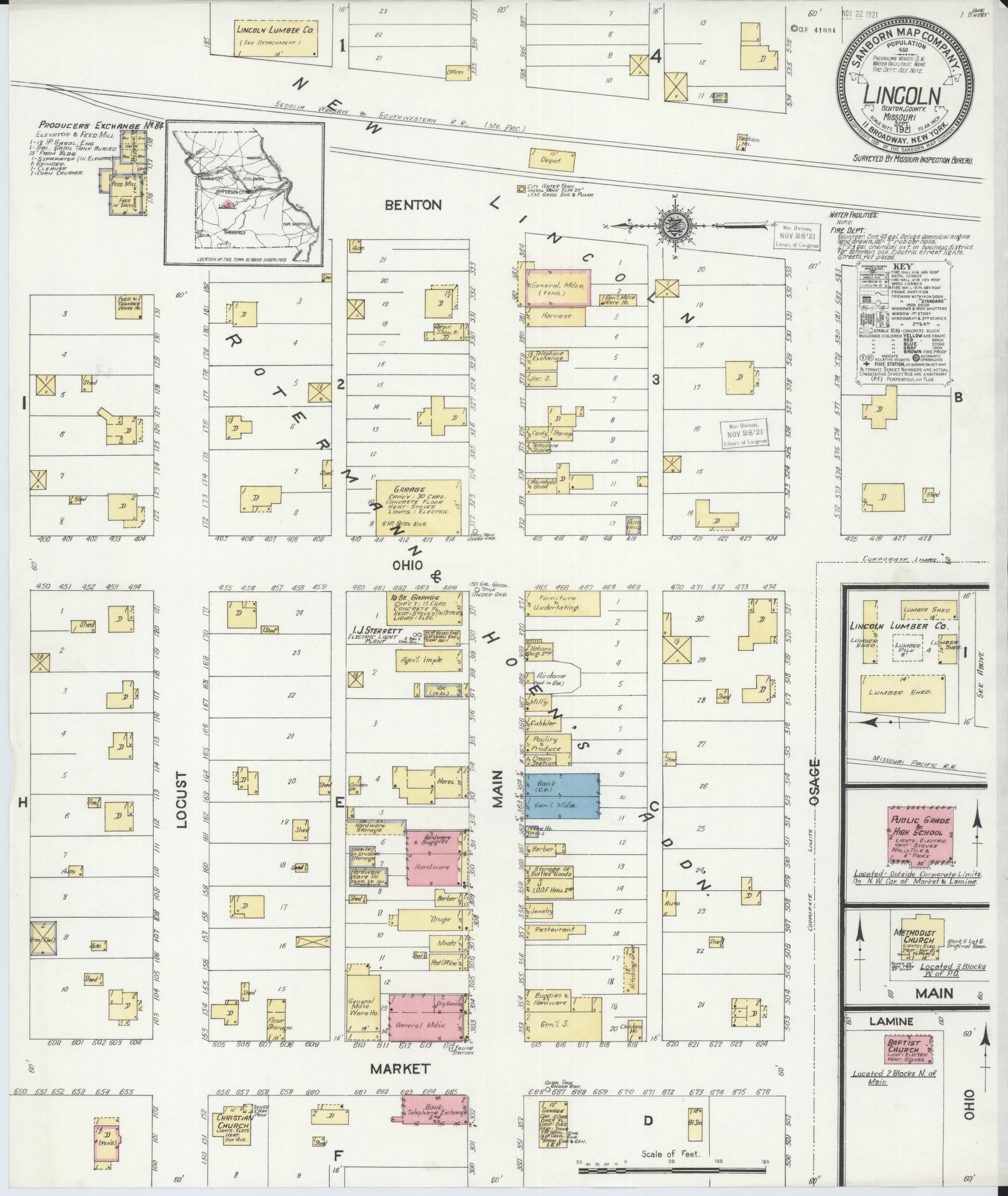 Sanborn Fire Insurance Map from Lincoln, Benton County, Missouri (1921), Sheet #0001 - Historic Sanborn Fire Insurance Map Print, vintage old map wall art, antique decor, genealogy gift, Missouri Missouri map