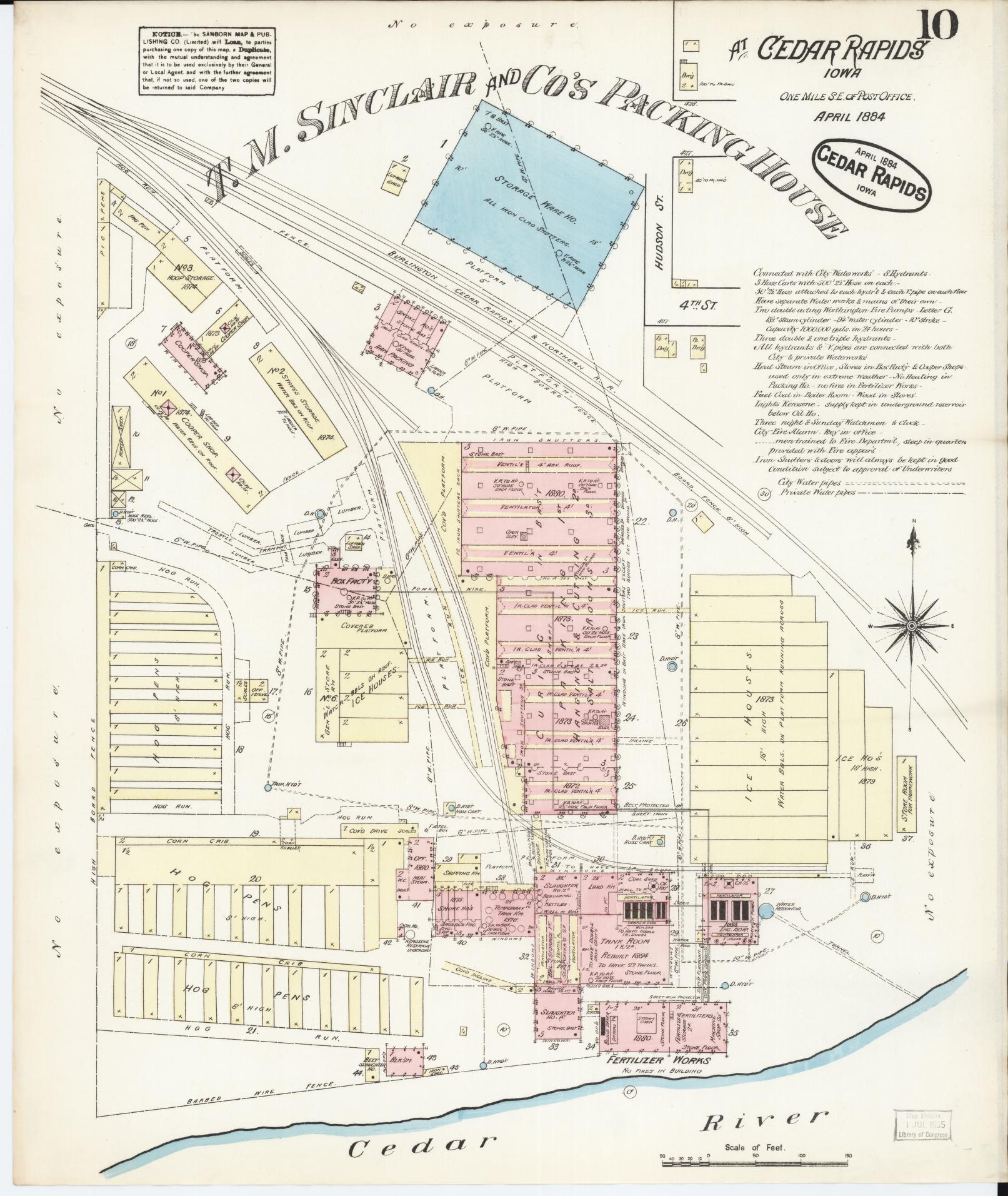 Sanborn Fire Insurance Map from Cedar Rapids, Linn County, Iowa (1884), Sheet #0010 - Historic Sanborn Fire Insurance Map Print, vintage old map wall art