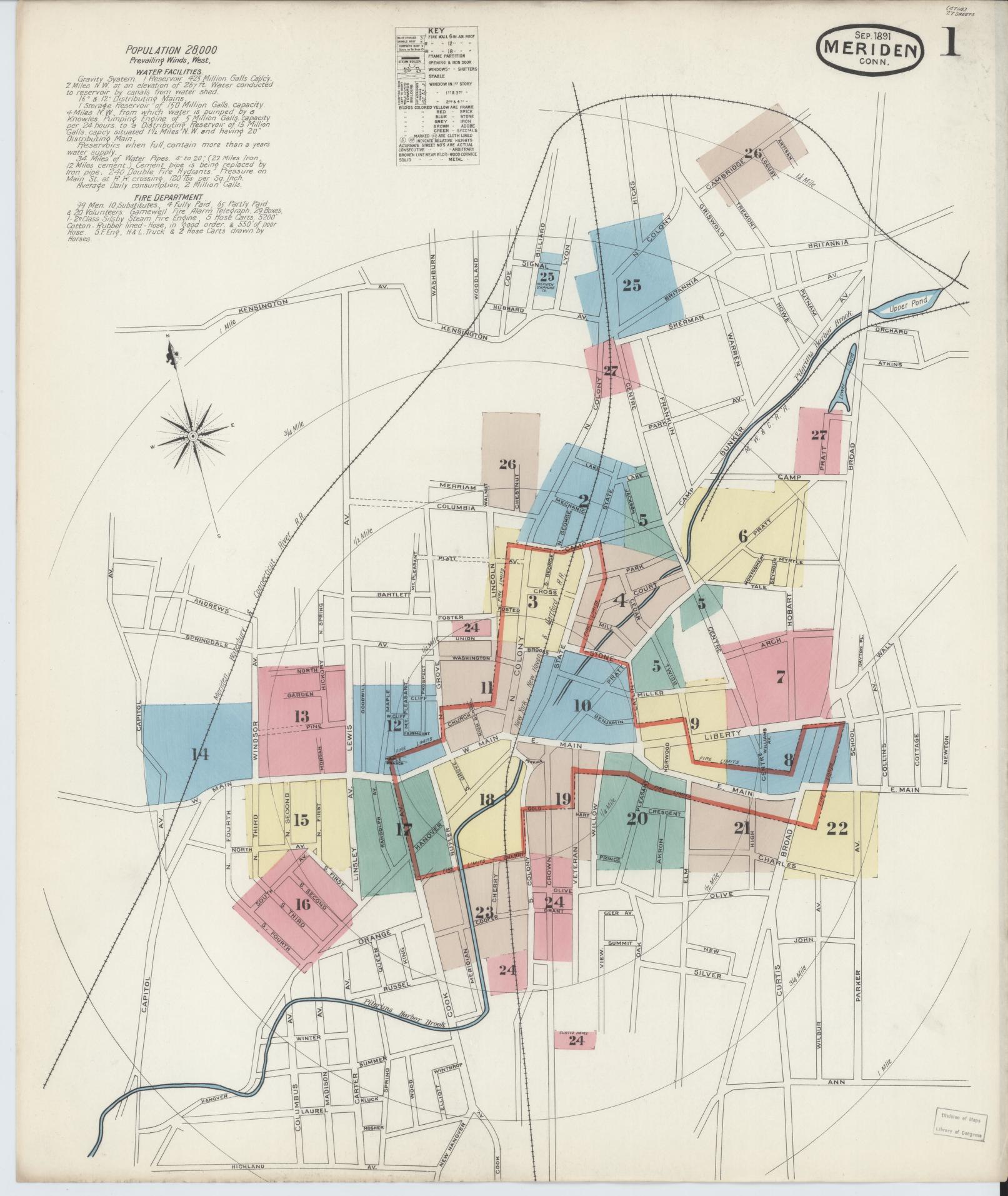 Sanborn Fire Insurance Map from Meriden, New Haven County, Connecticut (1896), Sheet #0001 - Historic Sanborn Fire Insurance Map Print, vintage old map wall art, antique decor, genealogy gift, Connecticut Connecticut map