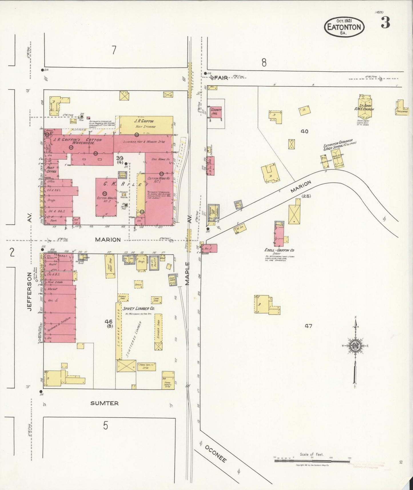 Sanborn Fire Insurance Map from Eatonton, Putnam County, Georgia (1921), Sheet #0003 - Complete Map Set gallery image, historic Sanborn map, vintage wall art, Georgia Georgia