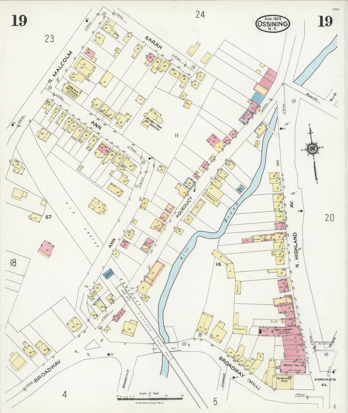 Sanborn Fire Insurance Map from Ossining, Westchester County, New York (1924), Sheet #0019 - Historic Sanborn Fire Insurance Map Print, vintage old map wall art, antique decor, genealogy gift, New York New York map