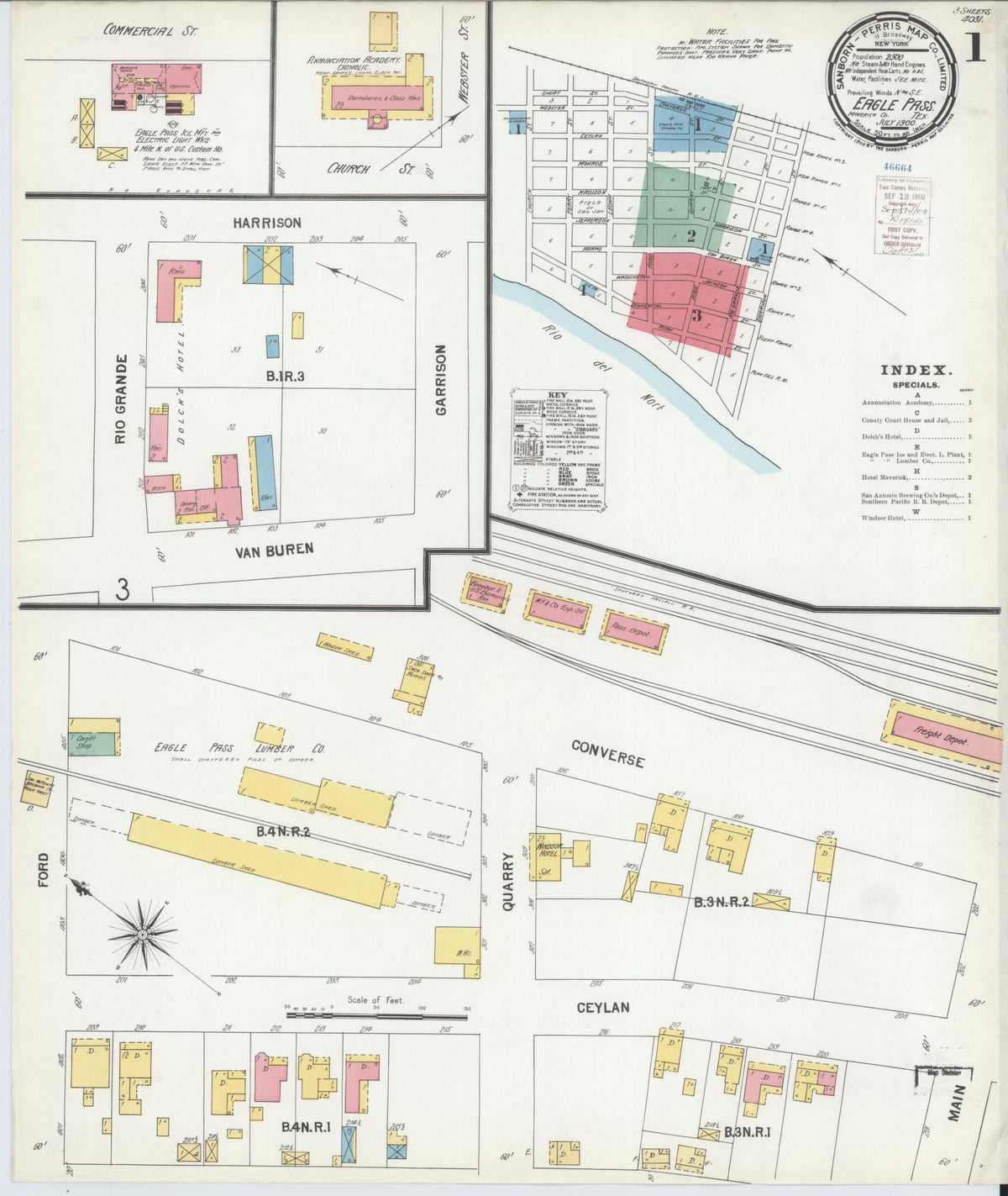 Sanborn Fire Insurance Map from Eagle Pass, Maverick County, Texas (1900), Sheet #0001 - Complete Map Set gallery image, historic Sanborn map, vintage wall art, Texas Texas