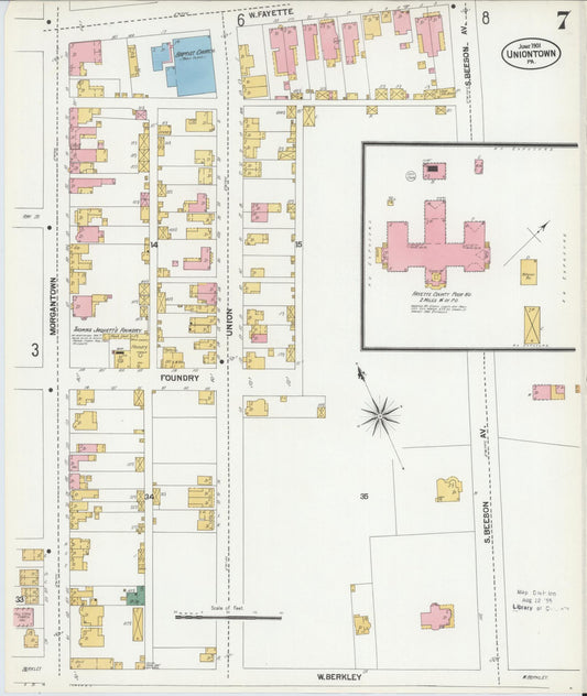 Sanborn Fire Insurance Map from Uniontown, Fayette County, Pennsylvania (1901), Sheet #0007 - Historic Sanborn Fire Insurance Map Print, vintage old map wall art, antique decor, genealogy gift, Pennsylvania Pennsylvania map