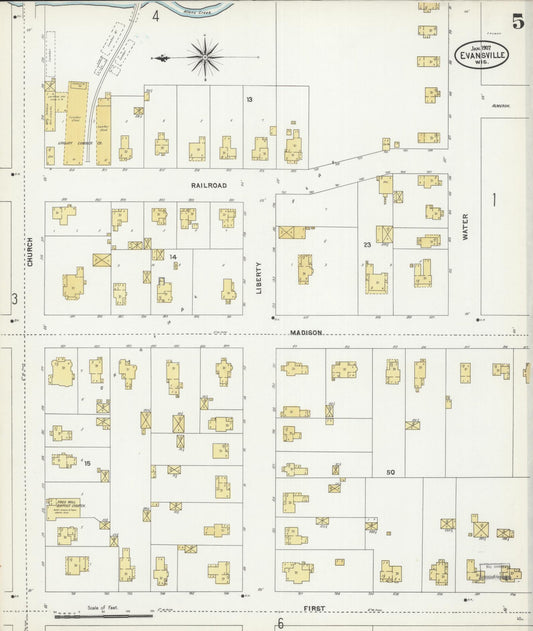 Sanborn Fire Insurance Map from Evansville, Rock County, Wisconsin (1907), Sheet #0005 - Historic Sanborn Fire Insurance Map Print, vintage old map wall art, antique decor, genealogy gift, Wisconsin Wisconsin map