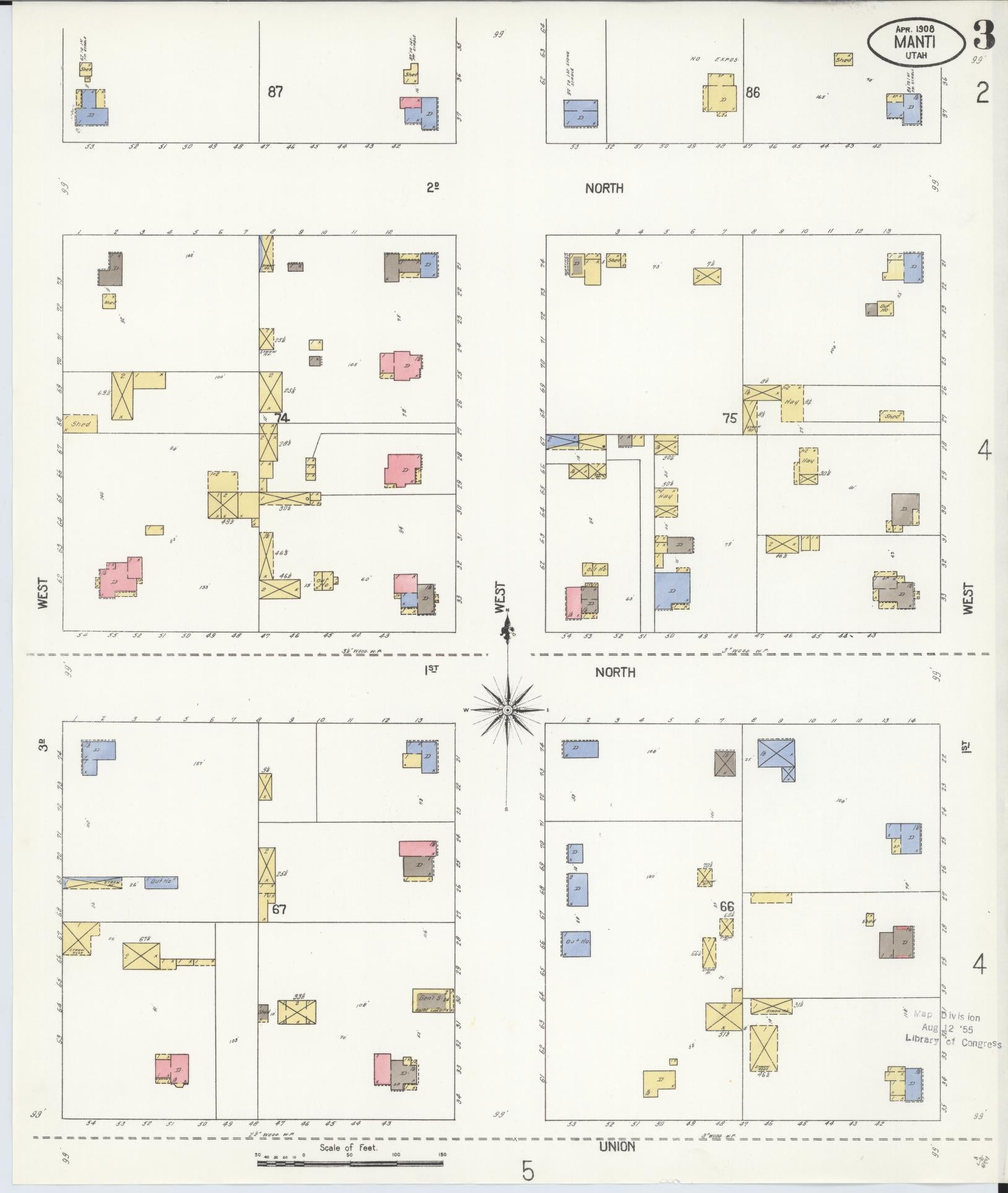 Sanborn Fire Insurance Map from Manti, Sanpete County, Utah (1908), Sheet #0003 - Historic Sanborn Fire Insurance Map Print, vintage old map wall art, antique decor, genealogy gift, Utah Utah map