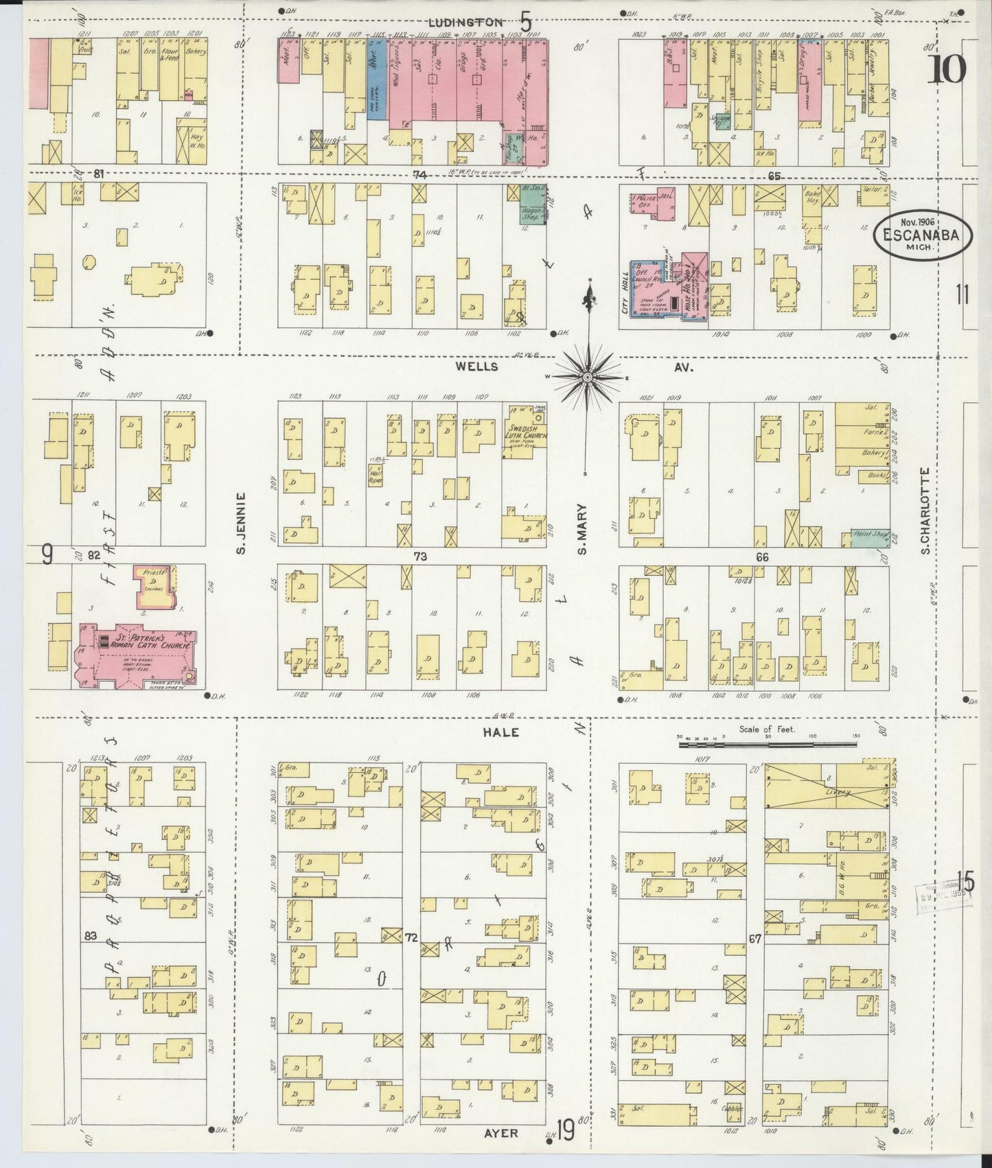 Sanborn Fire Insurance Map from Escanaba, Delta County, Michigan (1906), Sheet #0010 - Complete Map Set gallery image, historic Sanborn map, vintage wall art, Michigan Michigan