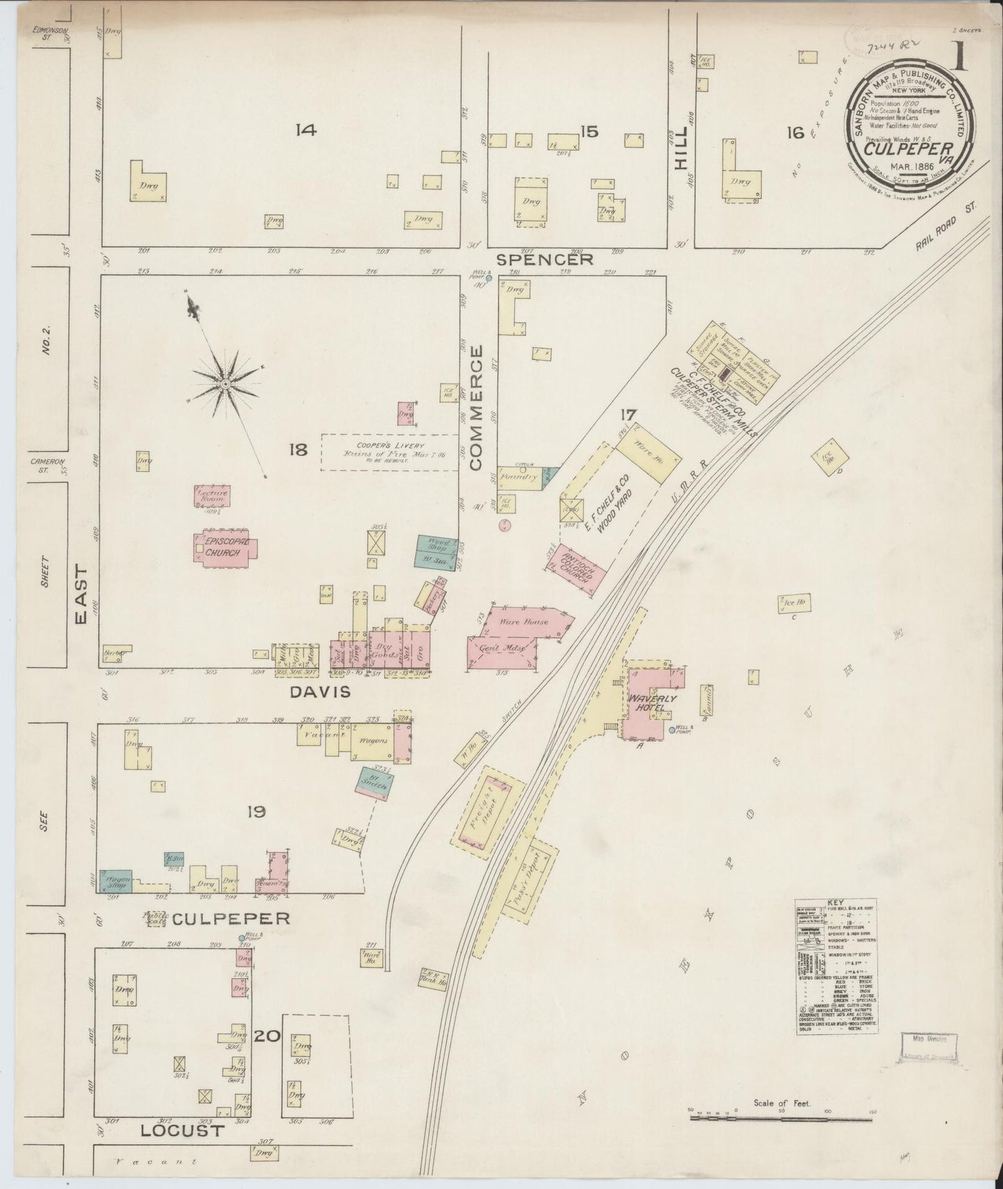 Sanborn Fire Insurance Map from Culpeper, Culpeper County, Virginia (1886), Sheet #0001 - Complete Map Set gallery image, historic Sanborn map, vintage wall art, Virginia Virginia