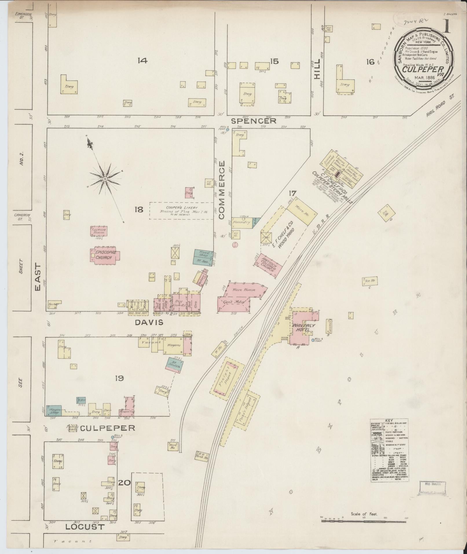 Sanborn Fire Insurance Map from Culpeper, Culpeper County, Virginia (1886), Sheet #0001 - Complete Map Set gallery image, historic Sanborn map, vintage wall art, Virginia Virginia