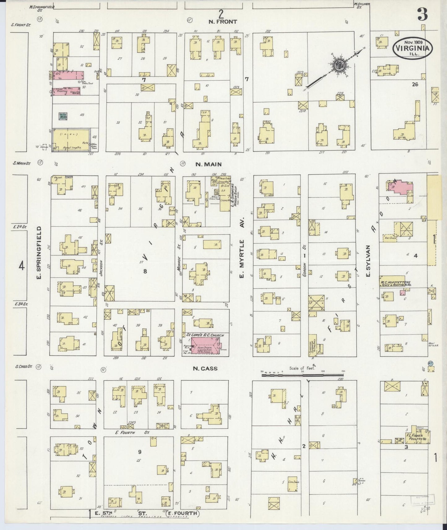 Sanborn Fire Insurance Map from Virginia, Cass County, Illinois (1909), Sheet #0003 - Complete Map Set gallery image, historic Sanborn map, vintage wall art, Virginia Virginia