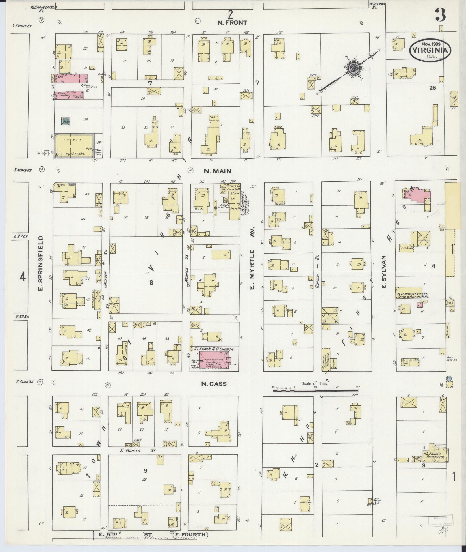 Sanborn Fire Insurance Map from Virginia, Cass County, Illinois (1909), Sheet #0003 - Complete Map Set gallery image, historic Sanborn map, vintage wall art, Virginia Virginia