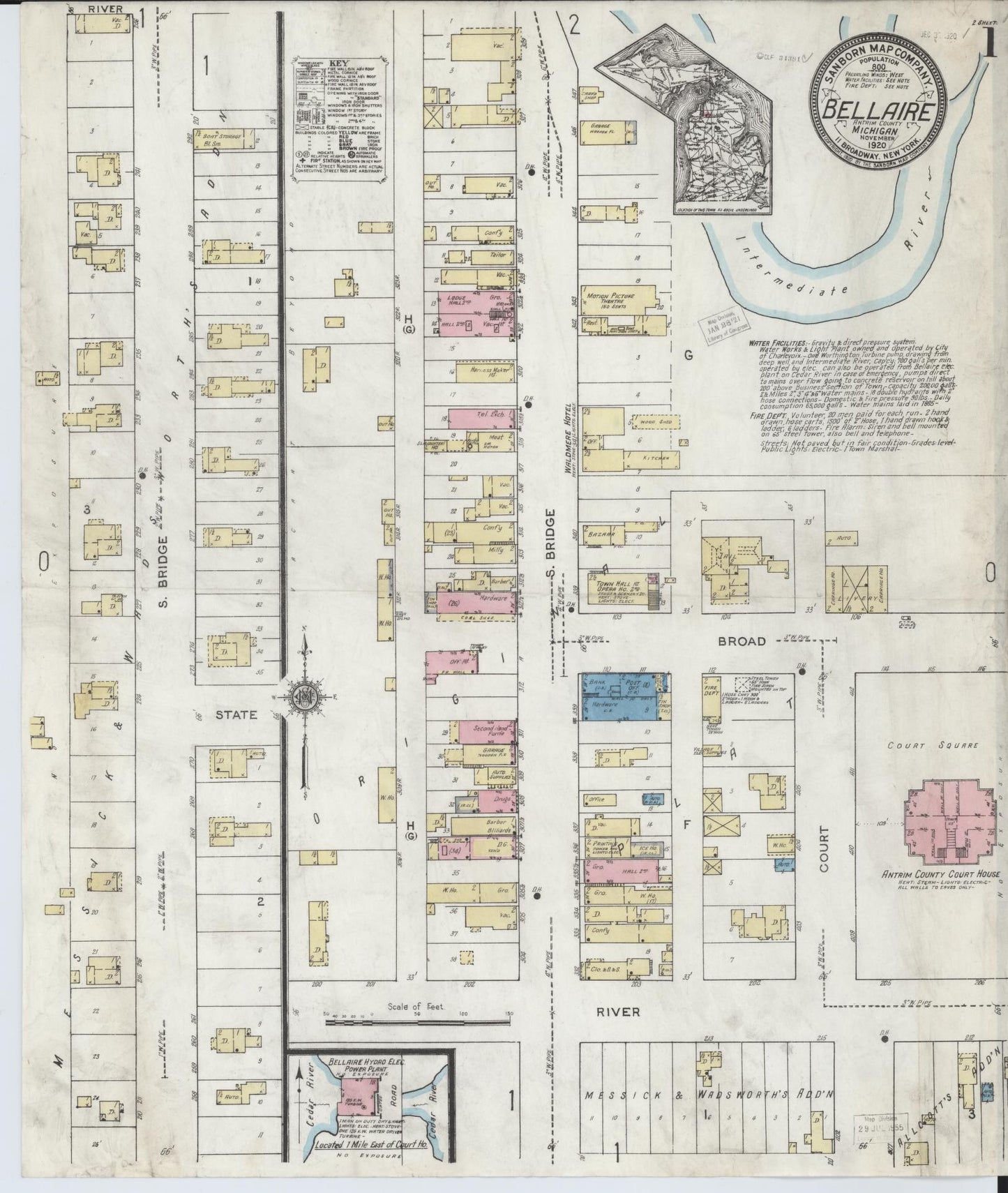 Sanborn Fire Insurance Map from Bellaire, Antrim County, Michigan (1920), Sheet #0001 - Complete Map Set gallery image, historic Sanborn map, vintage wall art, Michigan Michigan