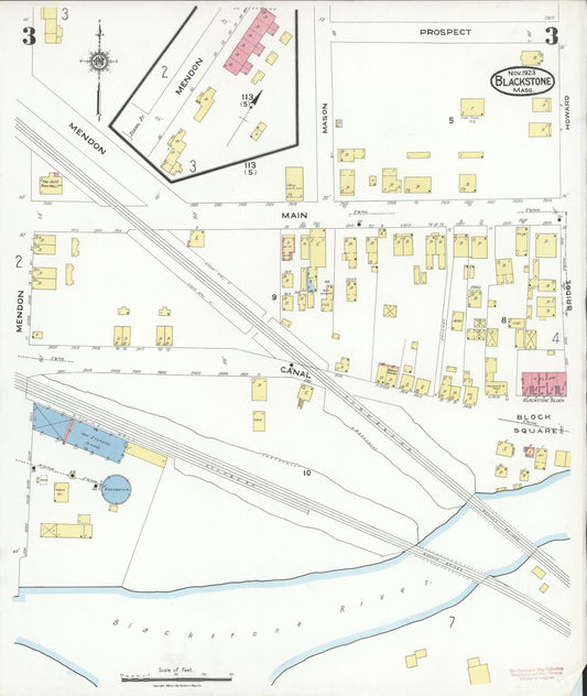 Sanborn Fire Insurance Map from Blackstone, Worcester County, Massachusetts (1923), Sheet #0003 - Historic Sanborn Fire Insurance Map Print, vintage old map wall art, antique decor, genealogy gift, Massachusetts Massachusetts map