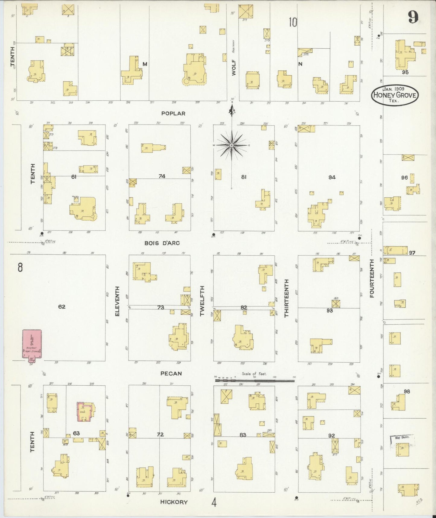 Sanborn Fire Insurance Map from Honey Grove, Fannin County, Texas (1909), Sheet #0009 - Complete Map Set gallery image, historic Sanborn map, vintage wall art, Texas Texas