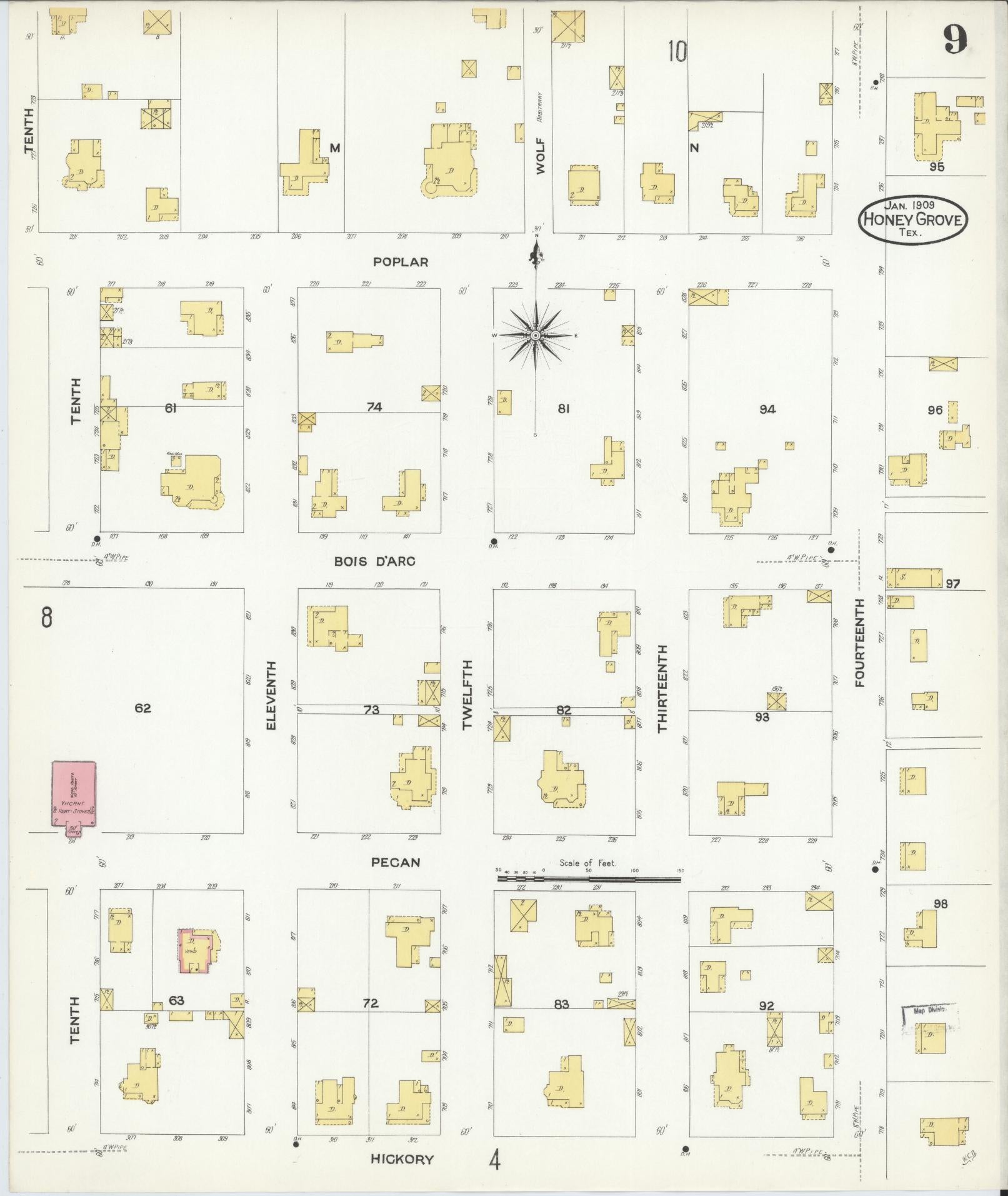 Sanborn Fire Insurance Map from Honey Grove, Fannin County, Texas (1909), Sheet #0009 - Complete Map Set gallery image, historic Sanborn map, vintage wall art, Texas Texas