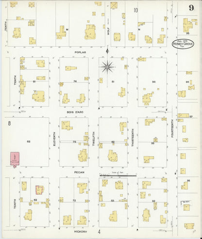 Sanborn Fire Insurance Map from Honey Grove, Fannin County, Texas (1909), Sheet #0009 - Complete Map Set gallery image, historic Sanborn map, vintage wall art, Texas Texas