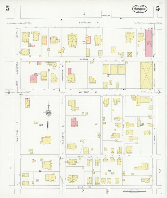 Sanborn Fire Insurance Map from Monroe, Union County, North Carolina (1930), Sheet #0005 - Historic Sanborn Fire Insurance Map Print, vintage old map wall art, antique decor, genealogy gift, North Carolina North Carolina map
